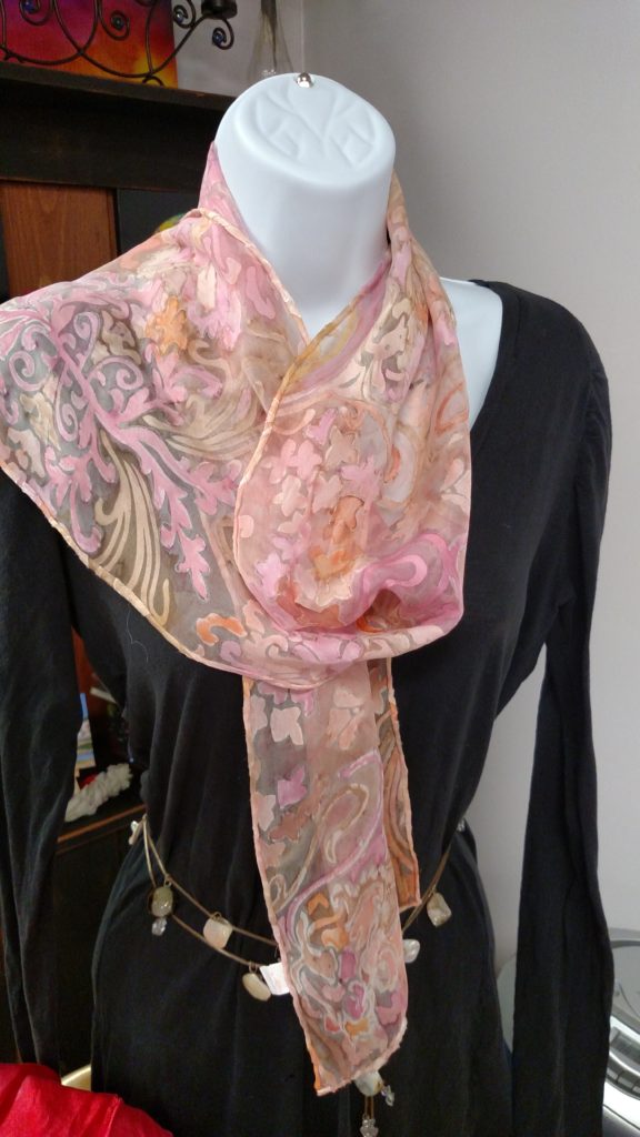 Hand painted on a Floral design silk scarf, 8"x 54"