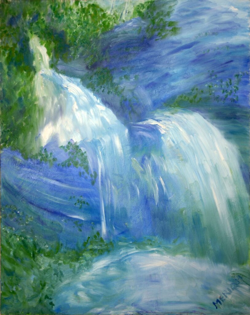 "Healing Waterfall" (Oil on Canvas.) The healing effect of lapis lazuli blue crystal was the inspiration for this painting. Available in Prints.